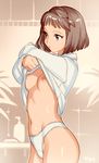  artist_name breasts brown_hair highres kameyama_hitomi navel nipples no_bra panties shin_seiki_inma_seiden shirt shirt_lift short_hair small_breasts solo stomach typo_(requiemdusk) underwear undressing white_panties white_shirt 