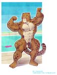  2014 anthro areola balls benji_(character) clothing clouded_leopard ear_piercing feline flaccid flexing green_eyes hyper hyper_muscles mainlion male mammal markings muscular muscular_male nipples nude penis piercing solo swimming_pool swimming_trunks swimsuit tattoo thick_thighs wardrobe_malfunction 