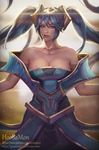  artist_name bare_shoulders blue_eyes blue_hair breasts cleavage eyelashes gumroad_username highres hoo_bamon large_breasts league_of_legends lips long_hair looking_at_viewer nose patreon_username realistic shiny shiny_hair solo sona_buvelle twintails 