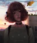  aleksandra_jedrasik arms_at_sides artist_name autumn autumn_leaves backlighting backpack bag bangs black_choker blue_sky brown_eyes brown_hair building choker cloud cloudy_sky commentary creature deviantart_username english_commentary eyelashes falling_leaves gradient_sky green_shirt head_tilt leaf lips long_sleeves looking_away looking_past_viewer looking_up nose orange_sky outdoors parted_lips power_lines realistic red_lips shirt short_hair signature sky solo sunlight sunset tongue tongue_out upper_body watermark web_address 