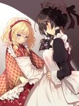  alternate_costume apron bangs black_hair blonde_hair blue_eyes braid enmaided hair_tubes hairband hakama hakurei_reimu highres japanese_clothes juliet_sleeves kimono kirisame_marisa long_hair long_sleeves maid maid_cap maid_headdress multiple_girls pout puffy_sleeves red_eyes red_hakama red_skirt side_braid skirt touhou usamata wa_maid wide_sleeves wrist_cuffs yagasuri 