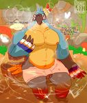  anthro avian balls bird blush breath_of_the_wild bulge english_text flaccid kass_(zelda) loneliestbara looking_at_viewer male musclegut muscular nintendo nipples penis sitting solo text the_legend_of_zelda towel video_games 