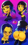  100 anus arrow bedroom_eyes blue_hair blush bra breasts butt clothing emoji feces hair half-closed_eyes hat humanoid legwear looking_back mary_meh not_furry pussy seductive shadman smiley stockings the_emoji_movie thong torn_clothing underwear yellow_eyes yellow_skin 