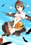  bangs black_wings blue_sky brown_eyes brown_hair closed_mouth day expressionless fan feathers flying garigarigari hat highres orange_eyes pom_pom_(clothes) puffy_sleeves shameimaru_aya shirt short_hair sky solo tokin_hat touhou v_arms white_shirt wings 