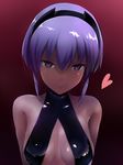  arms_behind_back bangs bare_shoulders black_eyes black_hairband blush breasts cleavage close-up closed_mouth dark_skin fate/prototype fate/prototype:_fragments_of_blue_and_silver fate_(series) hairband hassan_of_serenity_(fate) heart heart-shaped_pupils highres looking_at_viewer medium_breasts purple_hair reflection shimejinameko shiny shiny_clothes short_hair smile solo symbol-shaped_pupils tsurime upper_body 