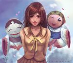  2girls aleksandra_jedrasik arms_behind_back artist_name blue_sky brown_eyes brown_hair brown_skirt closed_mouth cloud cloudy_sky collared_shirt commentary day deviantart_username freckles kamisama_hajimemashita kotetsu_(kamisama_hajimemashita) looking_at_viewer momozono_nanami multiple_girls neck_ribbon onikiri_(kamisama_hajimemashita) petals pleated_skirt ribbon shirt signature skirt sky spirit watermark web_address yellow_ribbon 