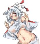  animal_ears bare_shoulders blush breasts closed_mouth commentary_request detached_sleeves frown groin hat inubashiri_momiji large_breasts long_sleeves looking_at_viewer navel ototobe pom_pom_(clothes) red_eyes shirt short_hair silver_hair sleeveless sleeveless_shirt solo stomach tokin_hat touhou underboob upper_body white_shirt wide_sleeves wolf_ears 