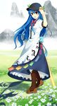  blue_hair boots cross-laced_footwear dress field flower flower_field full_body garigarigari hand_on_headwear hat hinanawi_tenshi knee_boots lace-up_boots long_hair looking_at_viewer mountain red_eyes smile solo standing touhou 