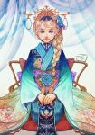  1girl blonde_hair blue_eyes blue_flower blue_rose bow braid elsa_(frozen) floral_print flower frozen_(disney) furisode hair_flower hair_ornament hair_over_shoulder highres japanese_clothes kimono layered_clothing layered_kimono long_hair obi rope rose sash seiza single_braid sitting smile solo tiii 