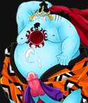  2011 black_background blush censored clothing cum cum_on_chest fish jinbe male marine noratarou obese one_eye_closed one_piece overweight penis simple_background solo standing sweat tattoo tusks webbed_hands 