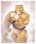  2014 abs anthro balls eyes_closed feline flaccid flexing grin hybrid hyper hyper_muscles liger lion mainlion male mammal markings muscular muscular_male pecs penis pubes simple_background smile solo thick_thighs tiger watch 