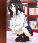  :&lt; black_hair black_legwear blush book bookshelf breasts carpet cleavage collarbone collared_shirt eyebrows_visible_through_hair hands_on_own_leg kaisen_chuui large_breasts legs_together library long_hair long_sleeves looking_to_the_side original purple_eyes shirt shoes skirt solo squatting undone_necktie white_shirt 