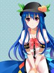  aqua_background bangs blue_hair blush bow bowtie dress garigarigari hat hinanawi_tenshi long_hair red_eyes simple_background smile solo touhou upper_body v_arms 
