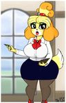  2017 animal_crossing anthro big_breasts breasts canine clothed clothing digital_media_(artwork) eyelashes eyeshadow female fur hi_res isabelle_(animal_crossing) lipstick looking_at_viewer makeup mammal nintendo smile solo theyands thick_thighs video_games wide_hips 