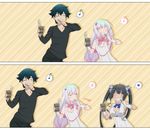  2girls 2koma :d ^_^ alternate_color black_hair blue_eyes bouncing_breasts bow breast_envy breasts brushing_teeth cleavage cleavage_cutout closed_eyes comic cosplay covered_navel crossover cup danmachi_brush dress dungeon_ni_deai_wo_motomeru_no_wa_machigatteiru_darou_ka eighth_note eromanga_sensei flat_chest gradient_hair hair_bow heart hestia_(danmachi) hestia_(danmachi)_(cosplay) highres izumi_masamune izumi_sagiri long_hair looking_at_another matsuoka_yoshitsugu medium_breasts multicolored_hair multiple_girls musical_note open_mouth parody pink_bow pink_hair rei_no_himo season_connection seiyuu_connection siblings silver_hair smile speech_bubble spoken_heart spoken_musical_note spoken_squiggle squiggle toothbrush twintails very_long_hair white_dress xiel 