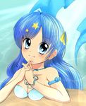  blue_eyes blue_hair collar hair_between_eyes hair_ornament hairclip highres houshou_hanon jewelry long_hair mermaid mermaid_melody_pichi_pichi_pitch monster_girl shell_necklace smiley_face 