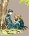  3boys alphonse_elric black_clothes black_eyes black_hair blonde_hair brothers edward_elric fullmetal_alchemist hand_rest kakuu leaning_on_person lowres military military_uniform multiple_boys nervous open_mouth roy_mustang short_hair siblings sitting smile sweatdrop tree uniform yellow_eyes 
