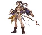  abs bare_shoulders beard belt boots brown_eyes brown_hair facial_hair full_body fundoshi granblue_fantasy headband jacket_on_shoulders japanese_clothes jin_(granblue_fantasy) katana long_hair male_focus minaba_hideo official_art ponytail scar shirtless solo sword teeth transparent_background weapon 