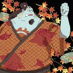  black_background chidzu fish jinbe jinbei_(clothing) maple_leaf marine one_piece simple_background solo standing tattoo tusks webbed_hands 