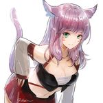  animal_ears bibiko breasts cleavage detached_sleeves facial_mark final_fantasy final_fantasy_xiv green_eyes large_breasts leaning_forward light_smile long_hair looking_at_viewer miniskirt miqo'te pink_hair red_skirt signature sketch skirt solo tail white_background 