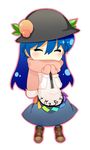  ^_^ blue_hair boots chibi closed_eyes dress garigarigari gradient_hair happy hat hinanawi_tenshi long_hair lowres mittens multicolored_hair scarf smile solo standing touhou 