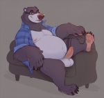  2019 anthro balls black_bear bottomless clothed clothing erection eyewear glasses humanoid_penis igiveyoulemons looking_at_viewer male mammal moobs nipples open_shirt overweight overweight_male penis shirt simple_background sitting smile solo ursine 