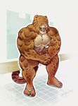  2014 abs anthro areola benji_(character) clothed clothing clouded_leopard ear_piercing eyes_closed fangs feline footwear hyper hyper_muscles jockstrap mainlion male mammal markings muscular muscular_male nipples partially_clothed pecs piercing sandals smile solo thick_thighs underwear 