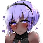 :t bangs bare_shoulders blush breasts close-up commentary_request dark_skin face fate/prototype fate/prototype:_fragments_of_blue_and_silver fate_(series) hairband hassan_of_serenity_(fate) looking_at_viewer pout purple_eyes purple_hair short_hair solo takasaki_aneki 