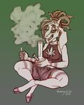  2017 anthro bong caprine chewycuticle clothed clothing dreadlocks drugs goat gradient_background green_background hooves icky lighter mammal marijuana open_mouth orange_sclera simple_background smoke solo 