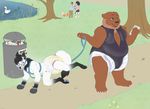  anthro bdsm bear canine cellphone clothing diaper duo female harness leash leotard male mammal muzzle_(disambiguation) outside park phone public raised_leg standing stonedshiba urine watersports wet_diaper wetting 