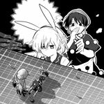  animal_ears bunny_ears commentary_request doremy_sweet fake_animal_ears feathers greyscale hat jacket kishin_sagume monochrome multiple_girls nightcap pom_pom_(clothes) shikushiku_(amamori_weekly) short_hair smile tail tapir_tail touhou wings 