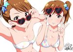  adjusting_eyewear artist_name bikini blush breasts brown_eyes brown_hair cleavage collarbone eyewear_on_head futami_ami futami_mami grin hair_ornament heart heart-shaped_eyewear idolmaster idolmaster_(classic) jabara_tornado long_hair looking_over_eyewear medium_breasts midriff multiple_girls navel print_bikini red-framed_eyewear short_hair siblings side_ponytail signature simple_background sisters smile star star_hair_ornament star_print sunglasses swimsuit twins v white_background 