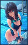  arm_support black_border blue_eyes border breast_squeeze breasts cleavage eyebrows_visible_through_hair from_above goggles large_breasts looking_up medium_hair one-piece_swimsuit original pool scrunchie smile solo swimsuit wading water wet wrist_scrunchie yin-ting_tian 