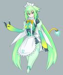  android apron bombergirl bow cropped_legs emera_(bombergirl) green_eyes green_hair grey_background inaka_blade long_hair looking_at_viewer maid_headdress serious simple_background tail waist_apron yellow_bow 