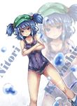 alternate_costume bangs bare_arms bare_shoulders black_swimsuit blue_eyes blue_hair blush breasts character_name closed_mouth collarbone covered_navel cowboy_shot crossed_arms dutch_angle frown hair_bobbles hair_ornament hat highres kawashiro_nitori legs legs_apart looking_at_viewer medium_breasts old_school_swimsuit one-piece_swimsuit ototobe school_swimsuit solo swimsuit thighs touhou two_side_up water_drop zoom_layer 
