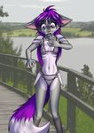  2017 5_fingers anthro armor big_ears big_tail bra breasts canine chainmail clothed clothing digital_media_(artwork) dreamkeepers eyewear female forest fox fur glasses hair long_hair looking_down mammal mancoin miri_rodgers nature open_mouth outside panties public purple_eyes purple_hair signature skimpy small_breasts solo standing the_wayward_astronomer tree unconvincing_armor underwear 