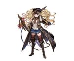  bandaid bandaid_on_face blonde_hair boots brown_eyes curly_hair feathers full_body granblue_fantasy hat jacket_on_shoulders minaba_hideo miniskirt monica_weisswind official_art skirt solo sword thighhighs transparent_background twintails weapon 