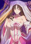  breasts breasts_outside collarbone contrapposto detached_sleeves facial_mark fate/extra fate/extra_ccc fate_(series) forehead_mark hand_on_own_chest highres horn_ring horns large_breasts long_hair looking_to_the_side mouth_hold multicolored_hair nipples red_cucumber sesshouin_kiara solo standing two-tone_hair veil yellow_eyes 