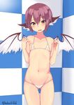  animal_ears ass_visible_through_thighs bare_arms bare_shoulders bikini bird_wings blush breasts brown_eyes collarbone hal_(ojou) hands_up looking_at_viewer lowleg lowleg_bikini micro_bikini mystia_lorelei navel purple_hair short_hair small_breasts solo standing stomach string_bikini swimsuit thigh_gap touhou twitter_username white_bikini wings 