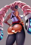  arms_(game) ass ass_support bare_shoulders bracelet breasts censored chilla_(arms) dark_skin drill_hair earrings green_eyes grey_background hands_on_hips heart heart_censor hips jewelry light_smile lips long_hair lowres mask medium_breasts pants pink_hair simple_background solo thighs torn_clothes torn_pants twin_drills twintelle_(arms) very_long_hair yokkora 