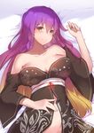  bangs bare_shoulders breasts breasts_apart cleavage collarbone commentary_request gradient_hair hijiri_byakuren japanese_clothes kimono large_breasts light_smile long_hair lying multicolored_hair naked_kimono no_bra no_nose no_panties off_shoulder on_back open_clothes open_kimono purple_hair repoi touhou very_long_hair yellow_eyes 