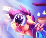  2017 bag equine feathered_wings feathers female feral friendship_is_magic hair inside mammal my_little_pony orange_feathers pegasus purple_hair scootaloo_(mlp) solo thediscorded wings 