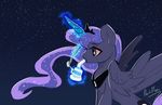  2017 blue_eyes blue_feathers blue_hair crown cutie_mark darkflame75 drinking equine feathered_wings feathers female feral friendship_is_magic hair horn jewelry magic mammal my_little_pony necklace princess_luna_(mlp) sky solo star winged_unicorn wings 