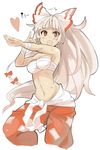  :d armpits arms_up bandages bangs blush bow breasts cowboy_shot fujiwara_no_mokou hair_bow heart hiruma_andon long_hair looking_at_viewer medium_breasts navel ofuda_on_clothes open_mouth outstretched_arm pants pinky_out red_eyes ribbon sarashi simple_background smile solo standing stomach sweat touhou very_long_hair white_background white_hair 