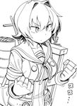  clenched_hands fingerless_gloves gloves greyscale kantai_collection kinu_(kantai_collection) mizuno_(okn66) monochrome remodel_(kantai_collection) school_uniform serafuku short_hair smokestack solo 