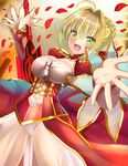  :d aestus_estus ahoge arm_up ass_visible_through_thighs bangs blonde_hair blush breasts cleavage_cutout commentary_request cowboy_shot dress dutch_angle epaulettes eyebrows_visible_through_hair falling_petals fate/extra fate_(series) foreshortening green_eyes hair_between_eyes hair_bun hair_intakes holding holding_sword holding_weapon juliet_sleeves large_breasts long_sleeves looking_at_viewer motion_blur nero_claudius_(fate) nero_claudius_(fate)_(all) open_mouth outstretched_arm panties petals puffy_sleeves reaching_out red_dress rose_petals see-through shiny shiny_hair short_hair smile solo standing sword thighs turtleneck underbust underwear v-shaped_eyebrows vermentino weapon white_panties wind 