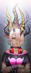  bare_shoulders blonde_hair bow bracelet choker cigarette crossed_arms earrings expressionless hair_bow headphones highres horns jewelry lieqi_hun lips looking_at_viewer original pointy_ears skull solo tsurime 