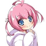  ahoge blue_eyes hands_together hood kuwada_yuuki original pink_hair ribbon shirt short_hair short_twintails smile solo twintails upper_body 