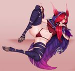 2017 5_fingers animal_humanoid avian avian_humanoid bird breasts butt claws clothed clothing colored_nails facial_markings feathered_wings feathers female fingers hair hi_res hood humanoid league_of_legends long_ears long_hair looking_at_viewer mammal markings navel one_eye_covered panties purple_feathers red_hair red_underwear riot_games simple_background smile solo spread_legs spreading under_boob underwear vastaya video_games wings xayah_(lol) xinaelle yellow_eyes 