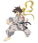  ahoge barefoot bokenasu bra brown_eyes brown_hair choker clenched_hand commentary dougi fighting_stance full_body glaring headband_around_neck karate_gi makoto_(street_fighter) martial_arts messy_hair pose screaming short_hair solo street_fighter underwear 